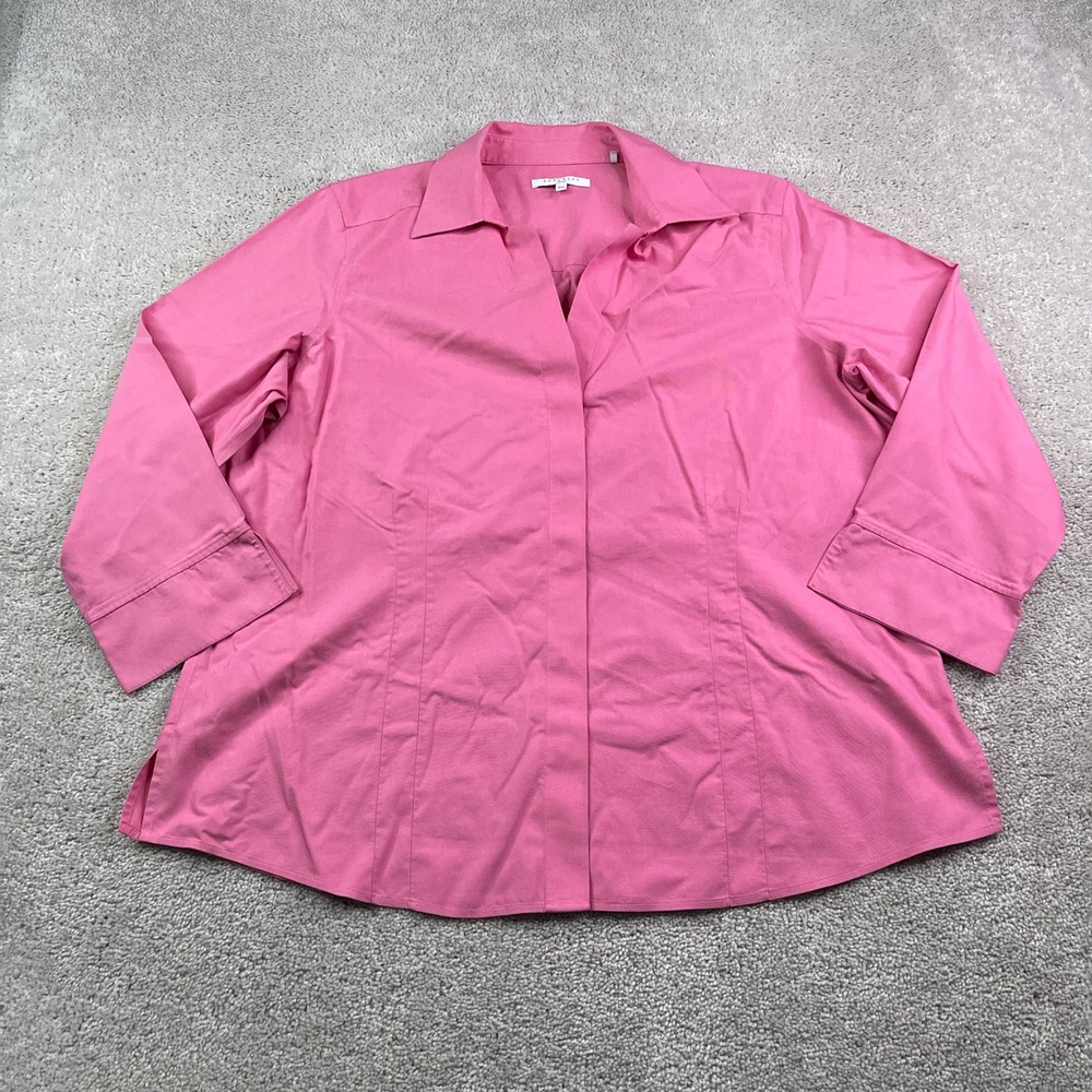 Foxcroft Shirt Women 16W Pink Non Iron Fitted Cotton Button Front 3/4 Sleeve